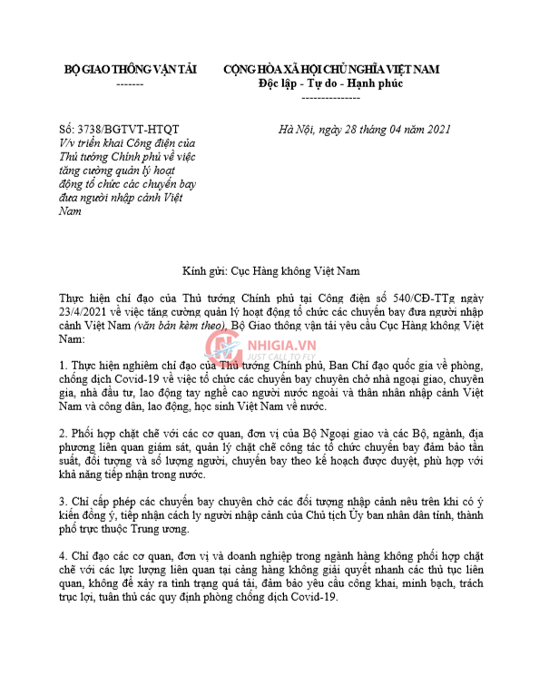 Bộ GTVT: Triển khai C&ocirc;ng điện số 540CĐ-TTg V/v tăng cường quản l&yacute; hoạt động tổ chức c&aacute;c chuyến bay đưa người nhập cảnh Việt Nam