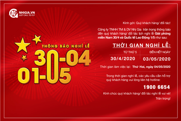 THÔNG BÁO NGHỈ LỄ 30/4- 1/5