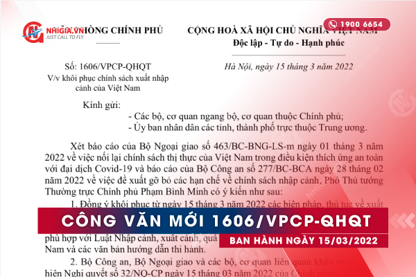 Công văn số 1606\VPCP-QHQT về việc khôi phục chính sách xuất nhập cảnh của Việt Nam