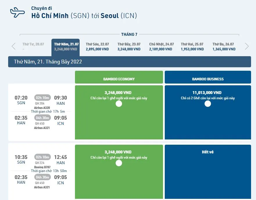 Giá vé máy bay đi Hàn Quốc khứ hồi Bamboo Airways