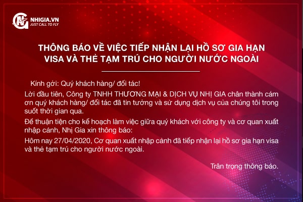 Thông báo về việc tiếp nhận lại hồ sơ gia hạn visa và thẻ tạm trú cho người nước ngoài