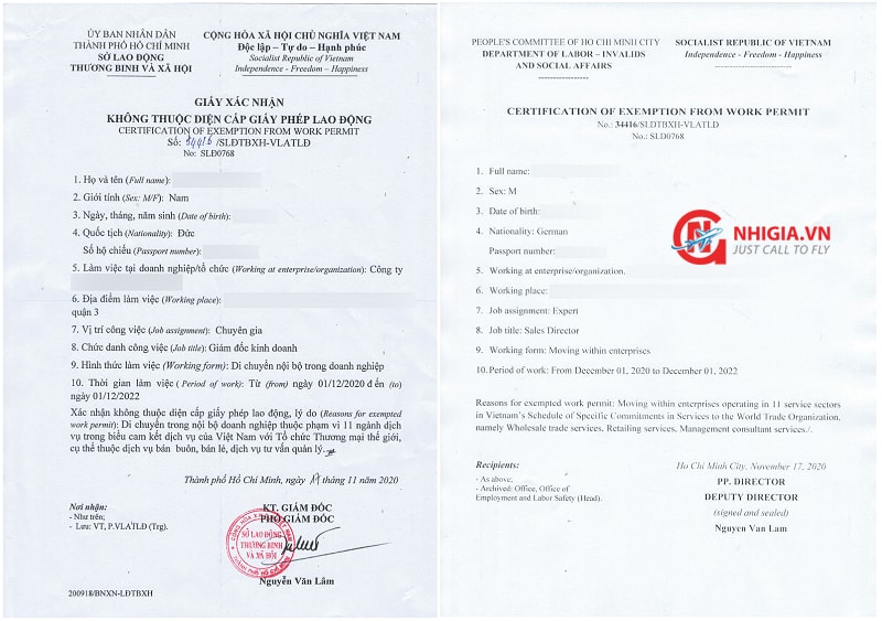 Giấy x&aacute;c nhận kh&ocirc;ng thuộc diện cấp giấy ph&eacute;p lao động