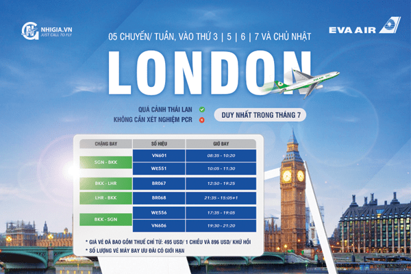 Eva Air - ưu đãi vé máy bay đi Luân Đôn tháng 7 giá chỉ 495 USD