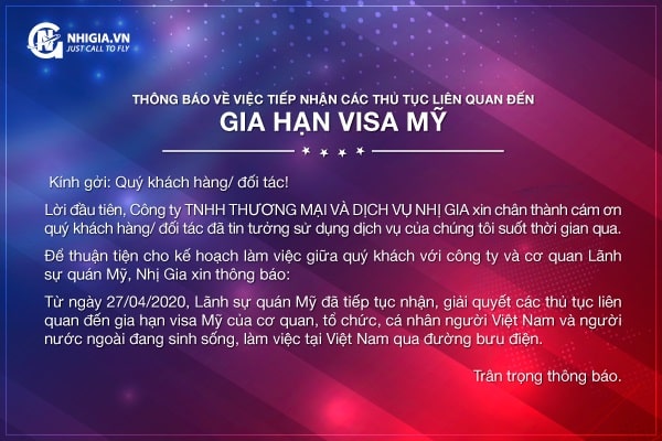 Thông báo về việc tiếp nhận các thủ tục liên quan đến gia hạn visa Mỹ