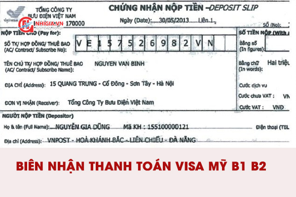 Biên nhận thanh toán phí xin visa Mỹ B1 B2