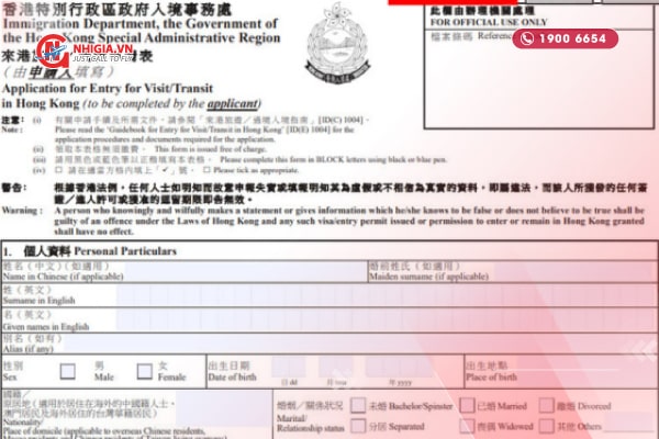Tờ khai xin cấp Visa du lịch Hồng K&ocirc;ng