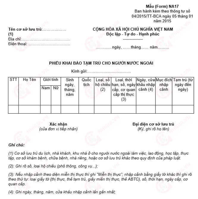 Phiếu khai báo tạm trú cho người nước ngoài