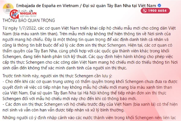 Thông báo từ Đại sứ quán Tây Ban Nha tại Việt Nam